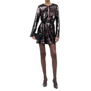 NEW STAUD fifi long sleeve sequin mini dress in espresso/black